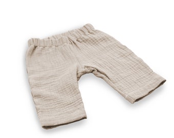 Anna Karinna Kids Beige Muselina bebé pantalones de verano, pantalones orgánicos para niños muselina, pantalones de bebé de muselina, pantalones de bebé niña, niño