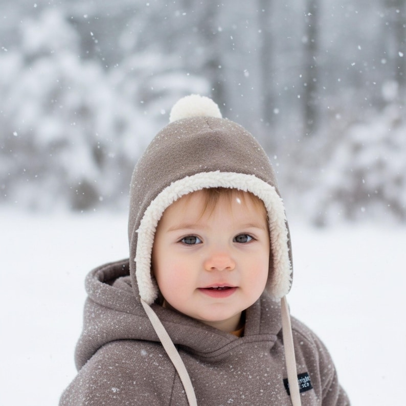 Peut inclure: Un bonnet en polaire taupe avec une doublure en sherpa blanc et un petit pompon sur le dessus. Le bonnet pr&eacute;sente de longs rabats lat&eacute;raux avec des liens attach&eacute;s et est port&eacute; sur un sweat &agrave; capuche en polaire taupe assorti avec une petite &eacute;tiquette.