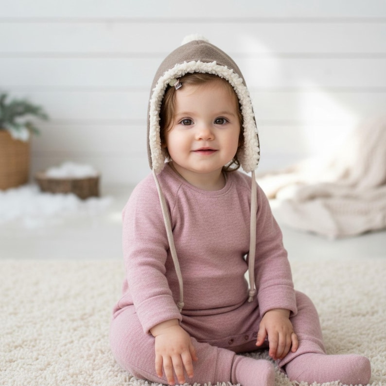 Peut inclure: Une grenouill&egrave;re &agrave; pieds rose poudr&eacute; &agrave; manches longues en tissu tricot&eacute; doux, dot&eacute;e d'une encolure ronde et de boutons-pression. La tenue est assortie d'un bonnet de style aviateur taupe doubl&eacute; de polaire sherpa blanche avec deux liens.