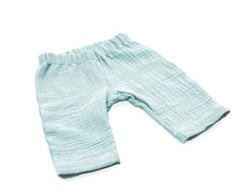 Anna Karinna Kids Sea Green Musselin Baby Sommerhose, Bio Kinderhose Musselin, Grüne Musselin Babyhose, Kleinkindhose Baby Girl, Boy