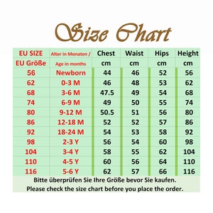 May include: A size chart for children's clothing, with measurements in centimetres. The chart includes EU sizes from 56 (Newborn) to 116 (5-6 Y), detailing chest, waist, hips, and height. The text at the bottom advises checking the chart before ordering.