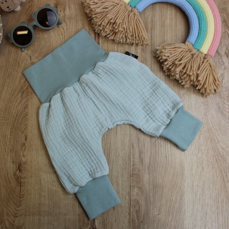 Musselin-Sommer-Pumphose aus Baumwolle, Pumphose für Neugeborene, Kleinkind-Pumphose Musselin, Kinder-Baggy-Hose, Baby-Bio-Kinderhose Junge und Mädchen Sea Green