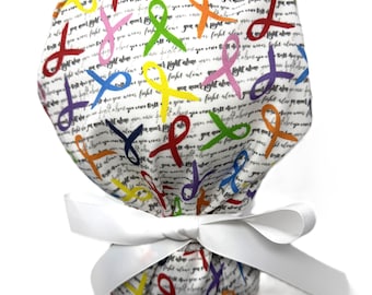 Cancer Awareness Ribbon Ponytail Cap: Surgical Hat, You Never Fight Alone