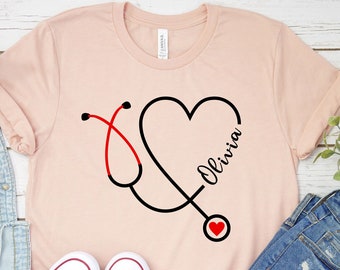 Custom Nurse Shirt Nursing School T-Shirt Heart Stethoscope Tshirt Customized Name Gift Medical Doctor Micu