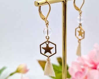 hexagonal earrings with clear quartz, star charm and cotton tassel