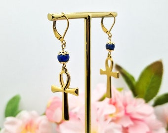 golden Ankh and Lapis Lazuli earrings