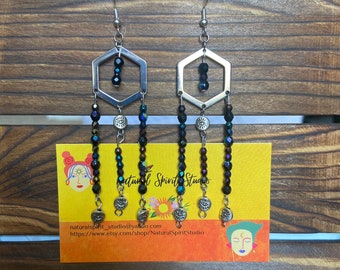 Black and silver chandelier earrings with eye beads