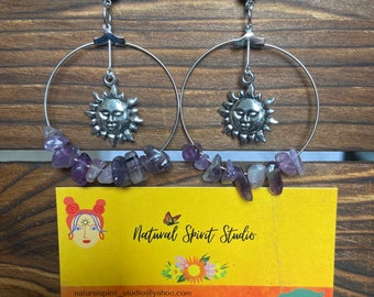 Pendientes de aro de amatista de sol hechos a mano