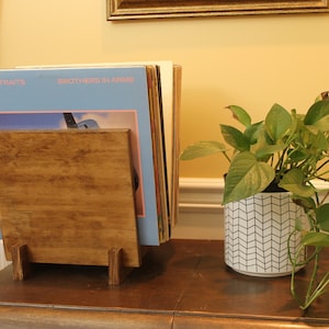 Könnte beinhalten: Ein Schallplattenständer aus Holz mit einer Sammlung von Schallplatten, darunter das Album Brothers in Arms von Dire Straits, neben einem weißen Keramikübertopf mit schwarzem Zickzackmuster und einer grünen Zimmerpflanze.