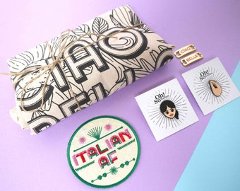 Starter Kit italiano - Ciao Bella - Borsa tote - Borsa da colorare - Ciondoli per scarpe - Toppa AF italiana - Made in Italy