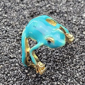 Puede incluir: Un anillo de tono dorado con forma de rana y un acabado de esmalte turquesa brillante en el lomo. El cuerpo de la rana se curva para formar la banda del anillo, con la cabeza y las patas delanteras hacia adelante y las traseras en la base.