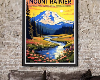 Framed Mount Rainier National Park Washington Hiking Travel Poster - Vibrant Nature Wall Art Print