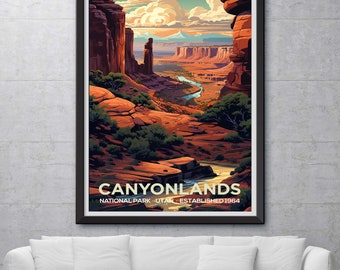 Framed Canyonlands National Park Southwestern Landscape Illustration Art Print - Vibrant Travel Poster