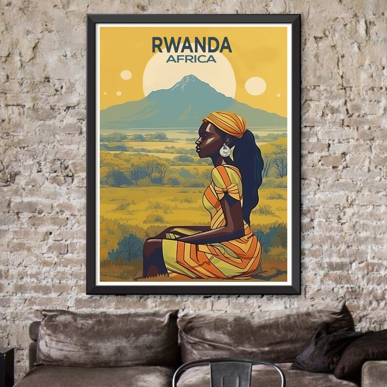 May include: A vintage travel poster featuring a woman sitting in a field, looking out at a mountain range. The poster is yellow, orange, and green with the text "RWANDA AFRICA" at the top.