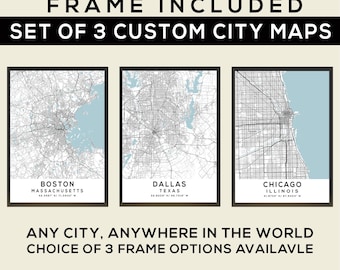 Custom City Map Wall Art – Framed 3-City Set Personalized Gift