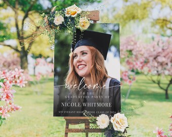 May include: A welcome sign for a graduation party with a photo of a graduate wearing a cap and gown. The sign says "Welcome to the Graduation Party of Nicole Whitmore Stuyvesant High School Class of 2024".