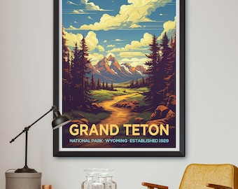Framed Grand Teton National Park Mountain Landscape Poster - Wyoming Wilderness Wall Art Print