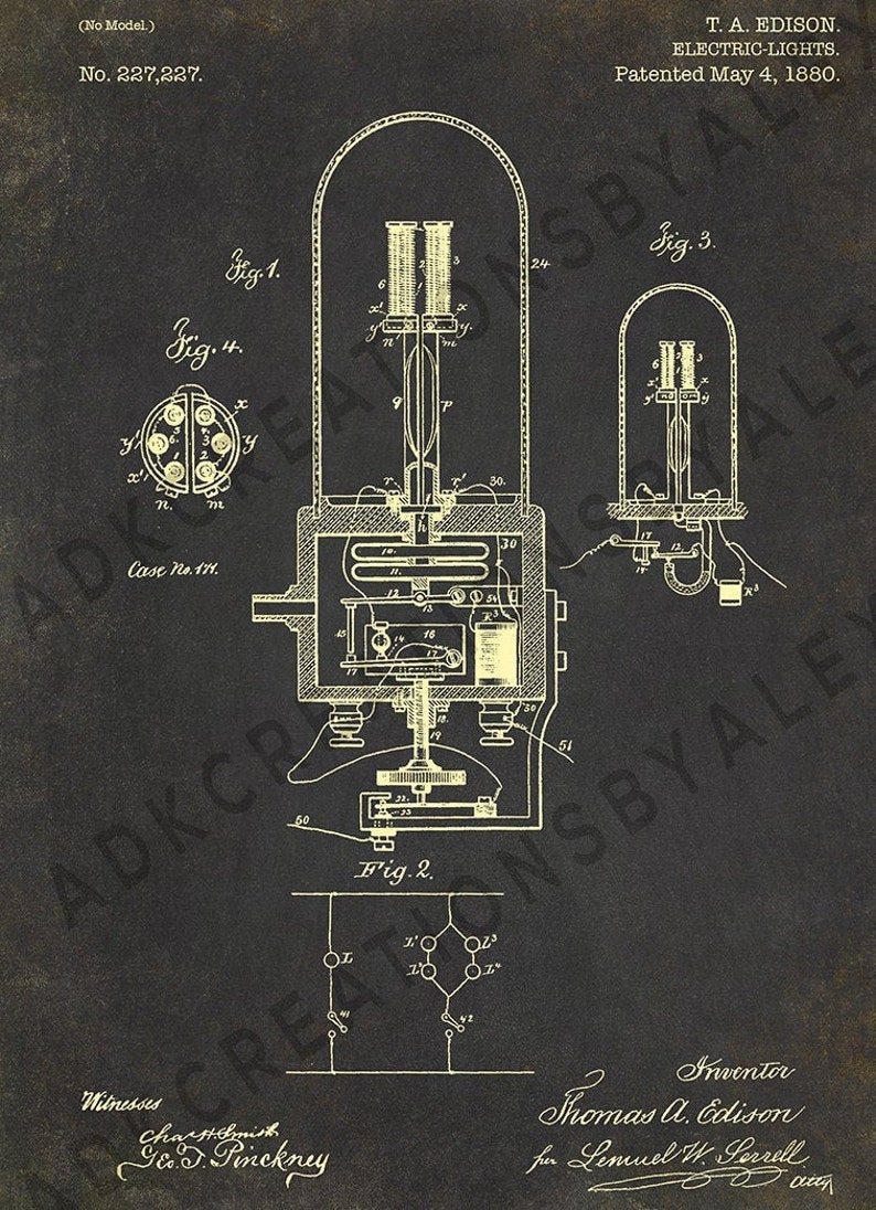 Edison Light Bulb Print Set of 3, Thomas Edison Patent, Industrial Home Decor, Print Wall Art, Technology Art, Edison Lamp Invention Poster zdjęcie 3