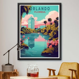 May include: A vintage travel poster featuring a colorful illustration of a cityscape with a lake in the foreground. The poster has the text "ORLANDO FLORIDA" at the top.