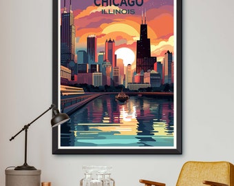 Peut inclure: Une illustration colorée de l'horizon de Chicago au coucher du soleil, avec le texte "CHICAGO ILLINOIS" en haut. La ville se reflète dans l'eau en contrebas, et un bateau est visible au loin.