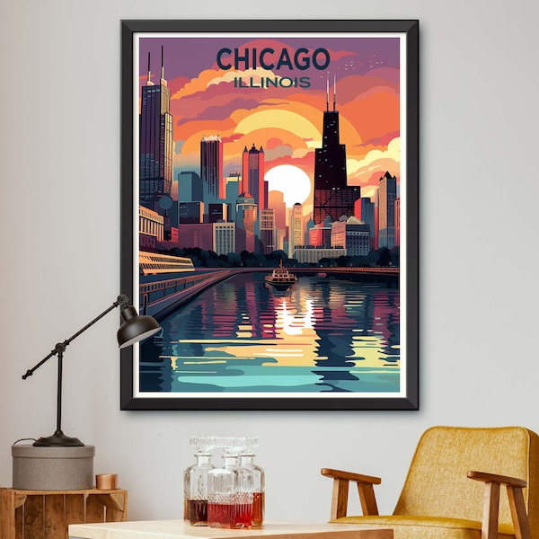 Chicago Print - Chicago Posters - Illustration of Chicago Skyline - Chicago, Illinois Wall Art Print