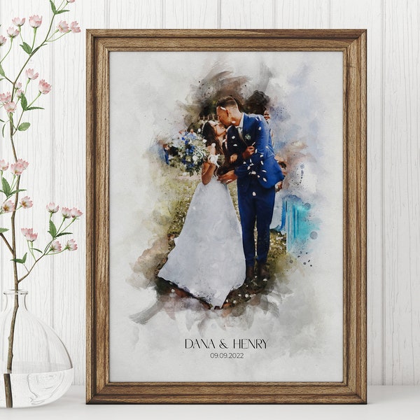 Custom Watercolor Wedding Portrait - Personalized Couple Painting for Anniversary, Engagement & Home Decor