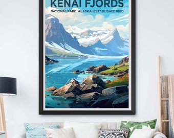 Framed Kenai Fjords National Park Illustration: Nature-Inspired Wall Art Print for Outdoor Enthusiasts
