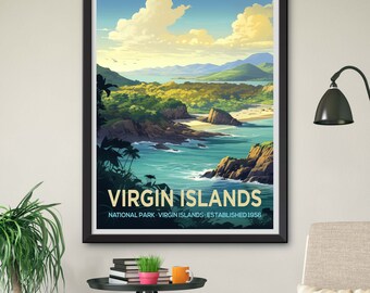 Framed Virgin Islands National Park: Vibrant Coastal Illustration Travel Poster - Serene Beach Scene Print