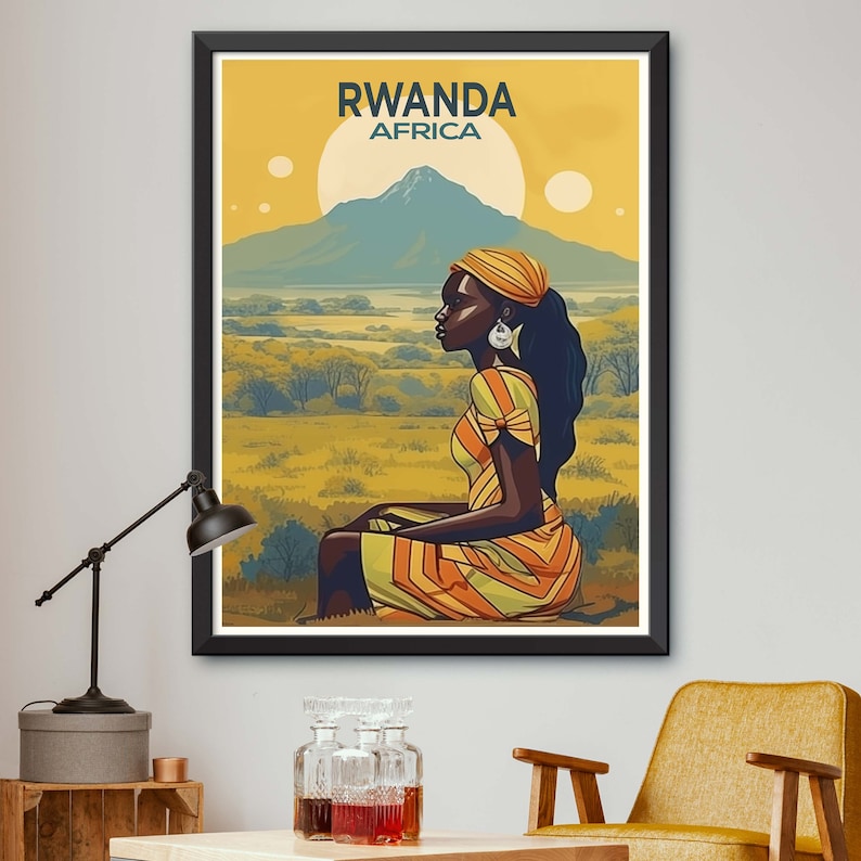 May include: A vintage travel poster featuring a woman in a yellow and orange dress sitting on a grassy hill. The poster has a yellow background with the text "RWANDA AFRICA" at the top.