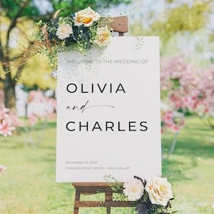 Elegante letrero de bienvenida personalizado para bodas: Impresión minimalista personalizable para la decoración de la recepción.