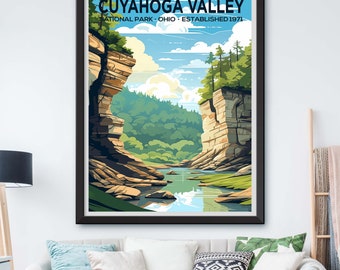 Serene Cuyahoga Valley National Park Framed Landscape Illustration - Vintage-Style Art Print for Home Decor