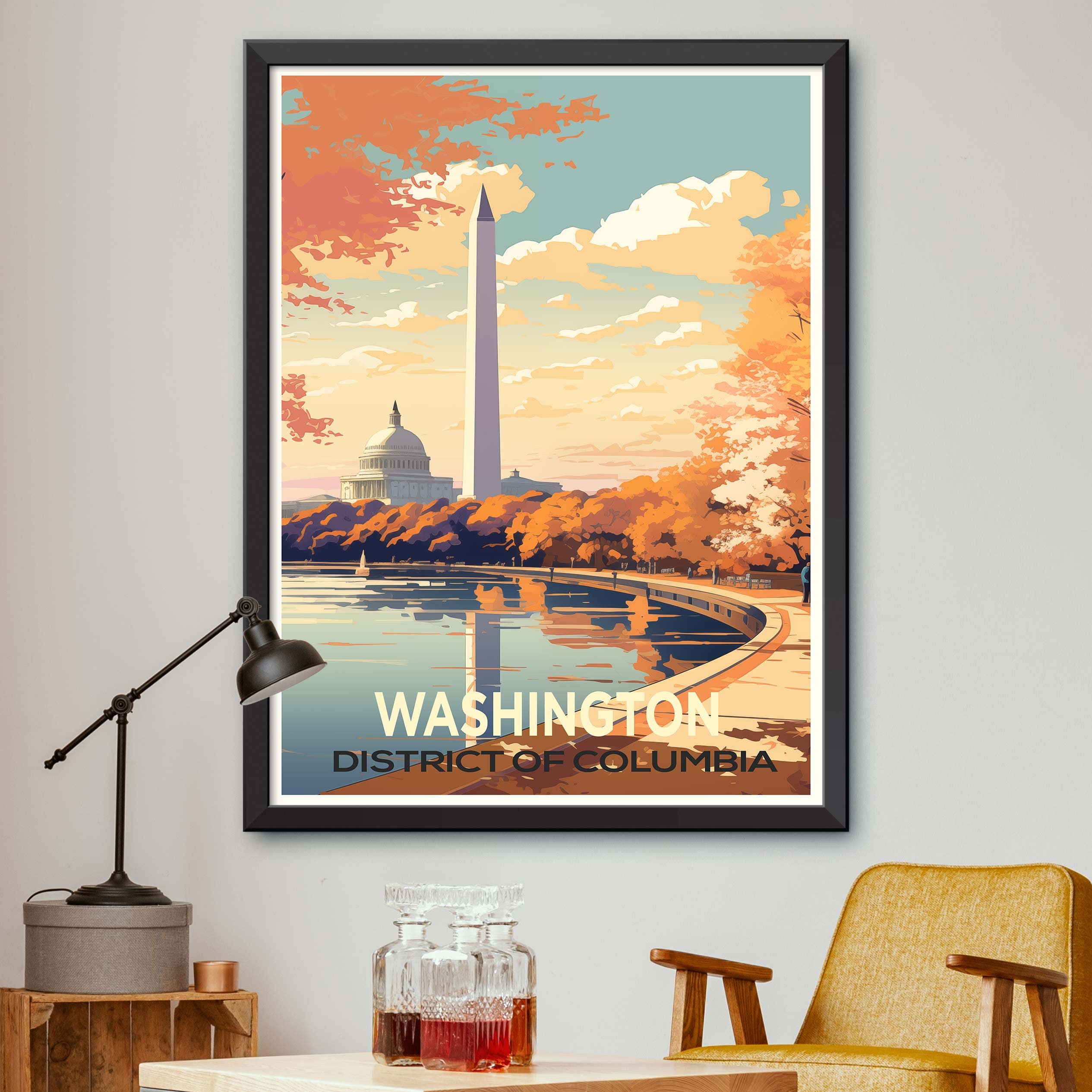 Vintage Washington DC Illustration: Capital City Skyline Poster Print for Wall Decor