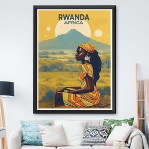 May include: A vintage travel poster featuring a woman in a yellow and orange striped dress sitting in a field. The poster has the text "RWANDA AFRICA" at the top.