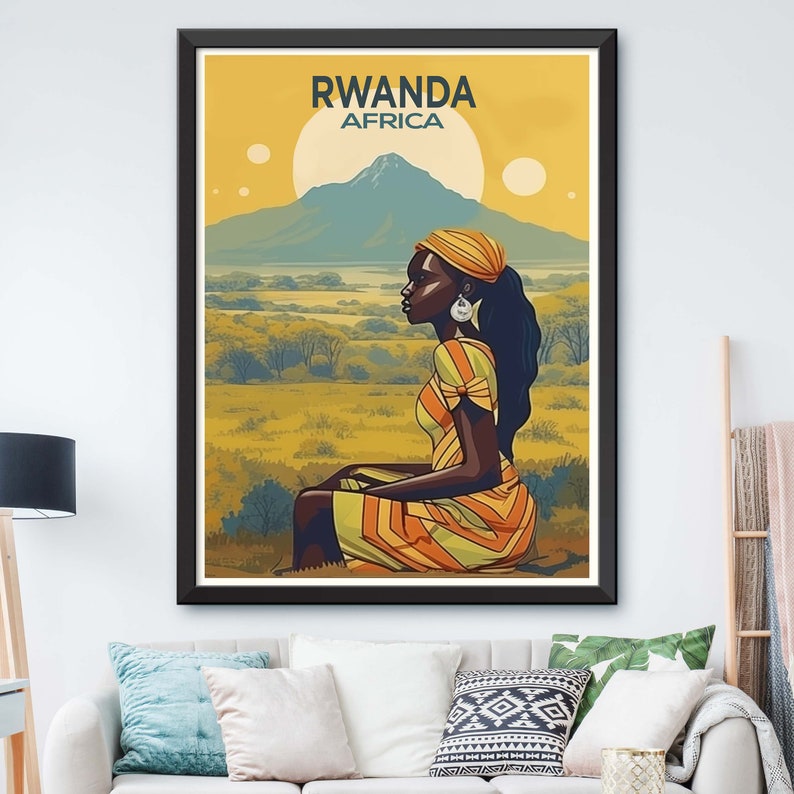 May include: A vintage travel poster featuring a woman in a yellow and orange striped dress sitting in a field. The poster has the text "RWANDA AFRICA" at the top.