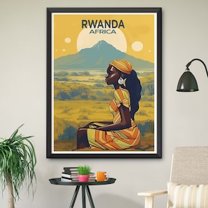May include: A vintage travel poster featuring a woman wearing a yellow and orange patterned dress and a head scarf. The poster has a yellow background with a mountain range in the distance and the text "RWANDA AFRICA" at the top.