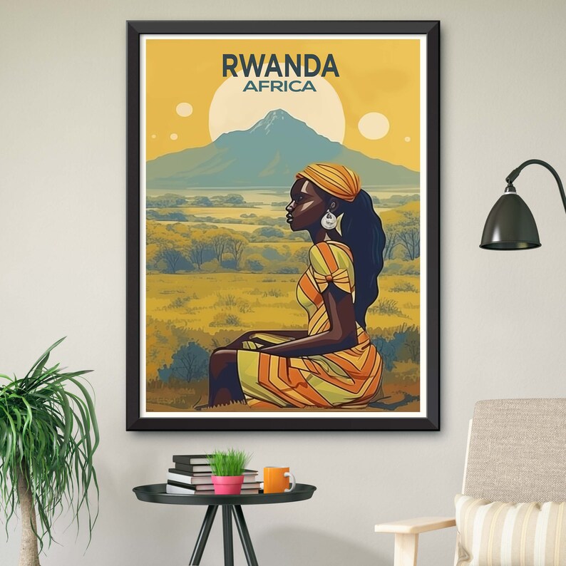 May include: A vintage travel poster featuring a woman wearing a yellow and orange patterned dress and a head scarf. The poster has a yellow background with a mountain range in the distance and the text "RWANDA AFRICA" at the top.