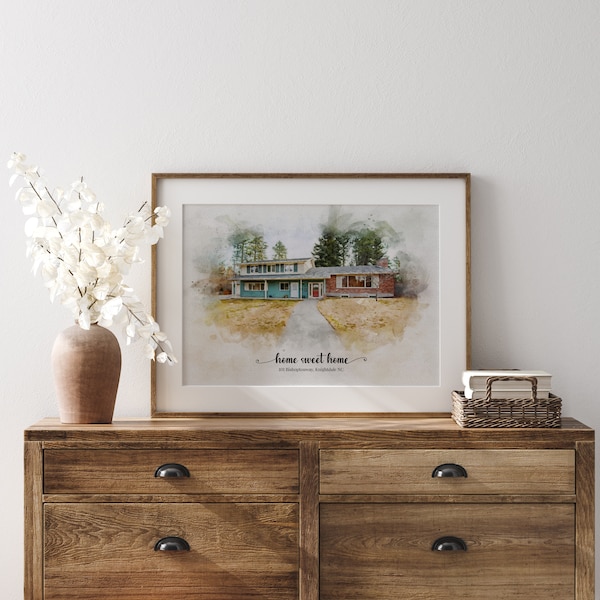 Framed Watercolor House Portrait: Custom Home Painting Gift
