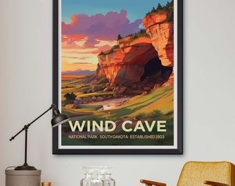 Wind Cave National Park Illustration - Nature Art Print, Wall Decor, South Dakota Landscape