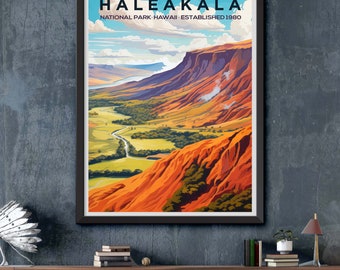Framed Vibrant Haleakala National Park Landscape Illustration - Fields Art Print Poster for Nature Lovers