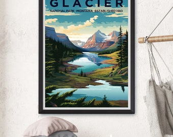 Framed Glacier National Park Illustration: Majestic Forest Landscape Fine Art Print for Nature Enthusiasts