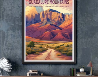 Framed Guadalupe Mountains National Park Southwest Desert Landscape Illustration Art Print Wall Decor Poster