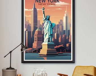 May include: Framed art print featuring a stylized illustration of the Statue of Liberty in New York City. The artwork includes the text "NEW YORK NEW YORK" at the top, with a cityscape backdrop in shades of orange, blue, and brown.