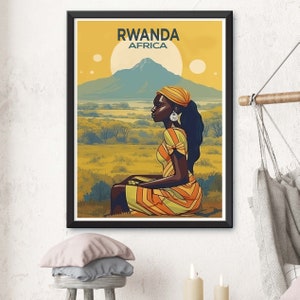 May include: A vintage travel poster featuring a woman in a yellow and orange dress sitting in a field. The poster has the text "RWANDA AFRICA" at the top.
