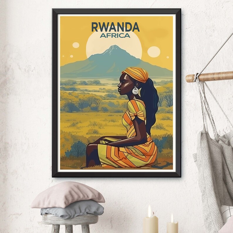 May include: A vintage travel poster featuring a woman in a yellow and orange dress sitting in a field. The poster has the text "RWANDA AFRICA" at the top.