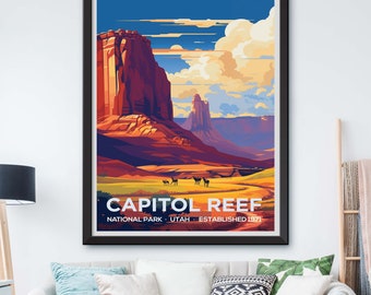Framed Capitol Reef National Park Illustration: Desert Landscape Art Print for Travel Enthusiasts