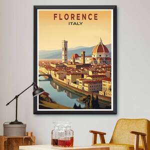 May include: A framed art print featuring a stylized illustration of Florence, Italy. The artwork showcases the city's iconic landmarks, including the Duomo and the Campanile, with the text "FLORENCE ITALY" at the top. The color palette includes warm tones of orange, red, and beige.