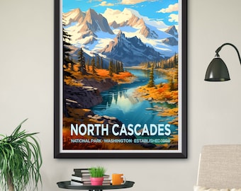 Framed North Cascades National Park Print: Vintage Travel Poster, Washington Mountain Art