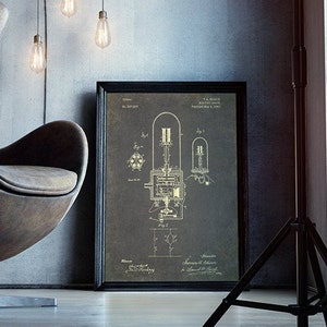 Edison Light Bulb Print Set of 3, Thomas Edison Patent, Industrial Home Decor, Print Wall Art, Technology Art, Edison Lamp Invention Poster zdjęcie 2