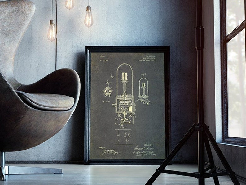 Edison Light Bulb Print Set of 3, Thomas Edison Patent, Industrial Home Decor, Print Wall Art, Technology Art, Edison Lamp Invention Poster zdjęcie 2