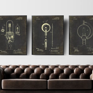 Edison Light Bulb Print Set of 3, Thomas Edison Patent, Industrial Home Decor, Print Wall Art, Technology Art, Edison Lamp Invention Poster zdjęcie 1